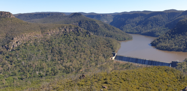 Bush and mountains next to left of dam from lookout
